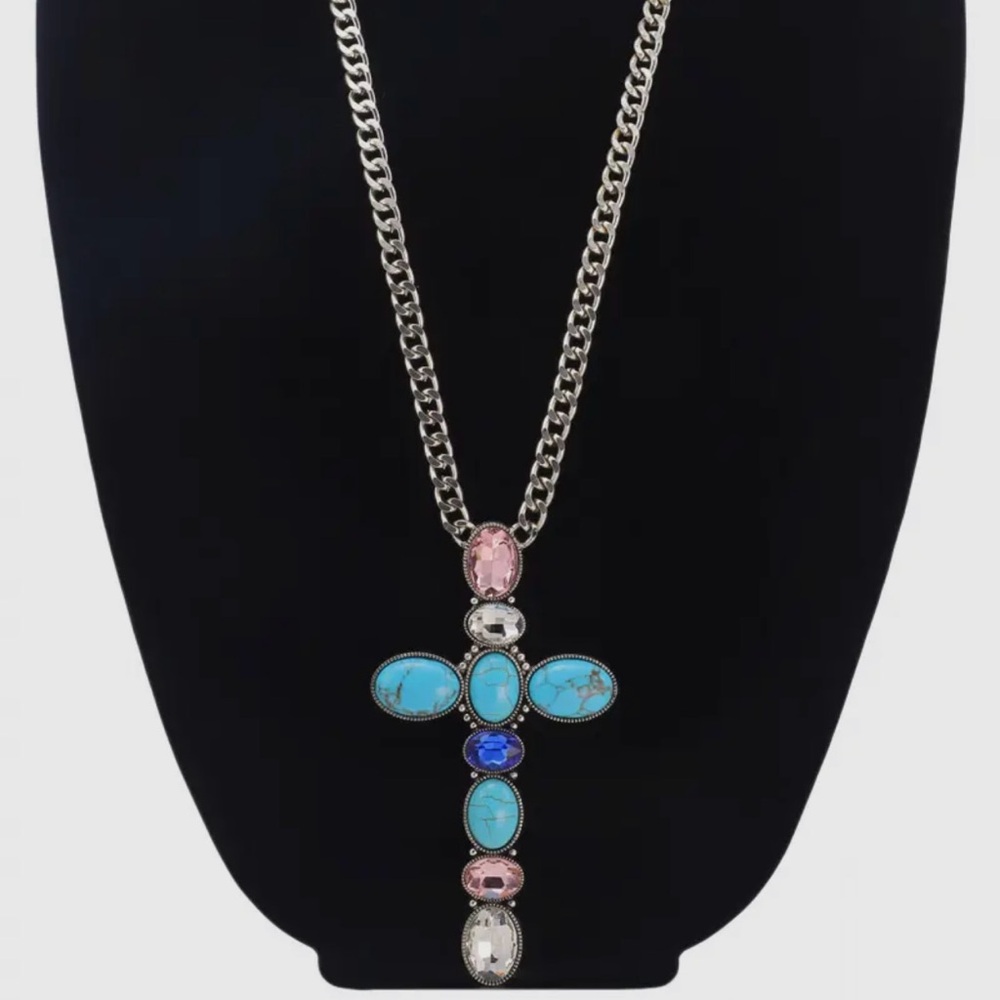 Cross Turquoise and Silver Pendant Necklace NWT - Picture 7 of 9